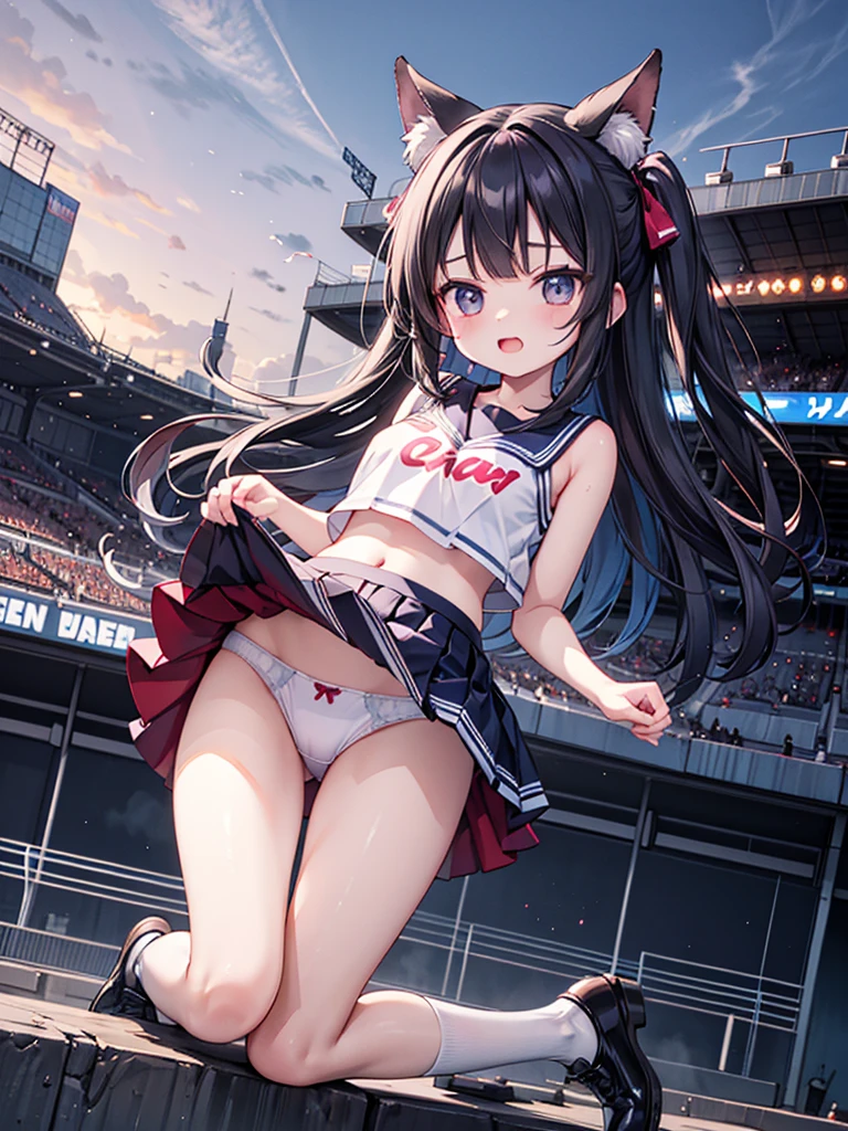 RAW Photos, Highest quality, High resolution, Very detailed、 8K image quality、Cheerleader、skirt、、Stadium、Panties、Jump、duo