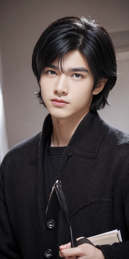 A young man in a , with purple eyes and dark black hair, was studying seriously.