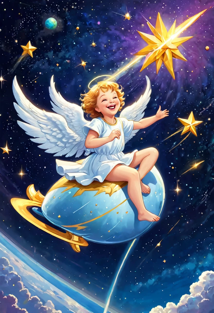 Smiling angel riding a shooting star, laughing, joy, outer space, happiness, planet, earth