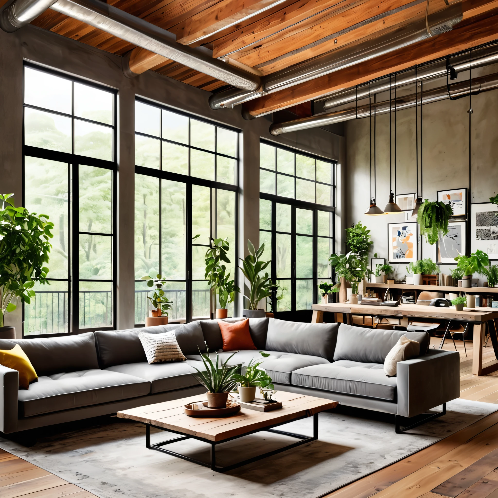 Design a modern and industrial open-plan living space featuring large windows with abundant natural light, exposed ductwork, and a mix of contemporary and rustic elements. The room includes a comfortable gray sofa, a stylish coffee table, and a workspace with a wooden desk and laptop. Add a variety of indoor plants, including tall potted plants and hanging greenery, to bring a touch of nature indoors. The space should have a warm and inviting atmosphere with eclectic decor and artistic touches, such as framed posters and unique lighting fixtures. Ensure the flooring is a blend of polished concrete and warm wood accents.