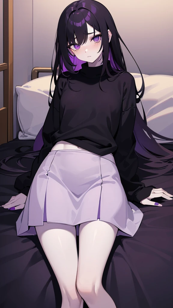 Teenage girl ((slim))((small stature)) ((White skin)) ((purple eyes)) ((black hair, long, emo on one eye)) ((Shy and blushing)) ((small breasts)) ((small hips)) ((lying in bed with long, loose sweatshirt)) ((long skirt))