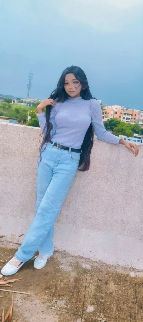 Ultra-realistic 8K CG，tmasterpiece，（（Ultra detailed backgrounds，delicate patterns，Complicated details）），Best quality at best，very vey very detailed face，very detailed eyes and faces，Very detailed eyes，Kochou Shinobu，O cabelo multicolorido，No bangs，hair intakes，Purple eye，haori，butterflys，obi strip，（trpical garden：1.2），purple flower，mostly cloudy sky，rays of sunshine，Tyndall effect，Gradient_sky，the face，beautiful sky，Saber on the waist，captivating posture，（Large breasts:1.3)，（cleavage:1.3)，（Off-the-shoulder attire:1.6)