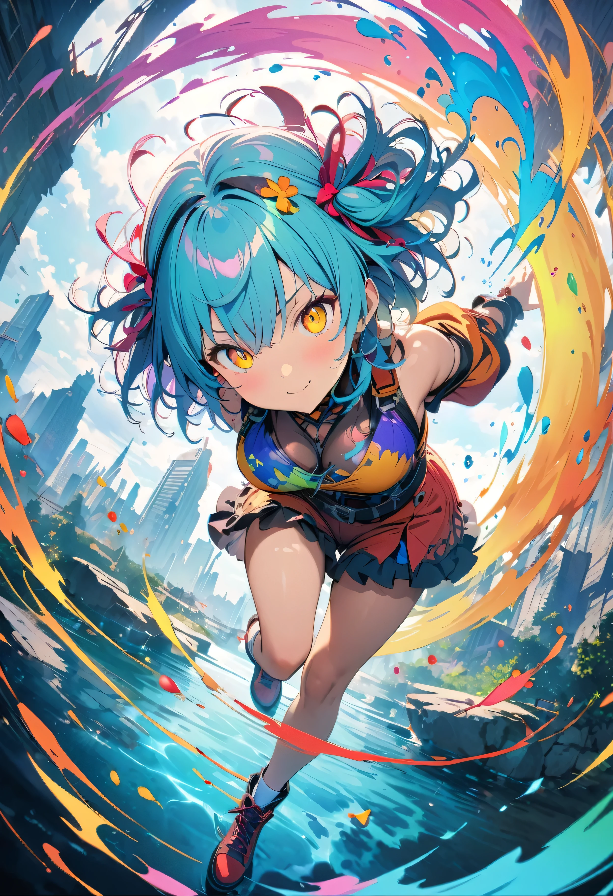 (masterpiece, Highest quality, Official Art:1.2), (colorful), Perfect Anatomy, Looking at the audience, One Girl, alone, White Background, floating colorful water, Ultra-fine illustrations, highly detailed, Dynamic Angle, beautiful detailed, 8K, break smiling amidst the colorful scenes, (Highest quality, masterpiece, High resolution, detailed), Anime Style, (Shining Eyes, detailed美しい顔), break,Dynamic Angle, Whole body shot, pastel colour