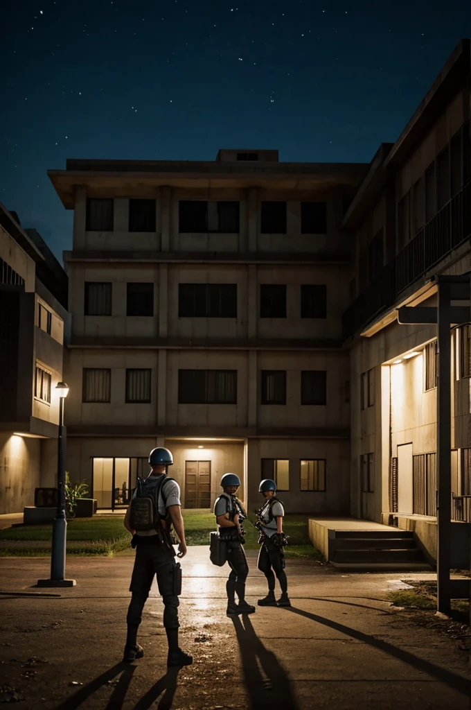 A boy and a girl standing outside the school building in pubg at midnight