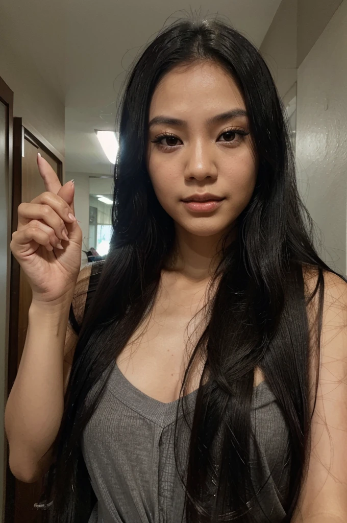 A photo of a Filipina woman with long black hair doing the number five hand gesture with her right hand. Her face is facing forward and she has no makeup on her face.