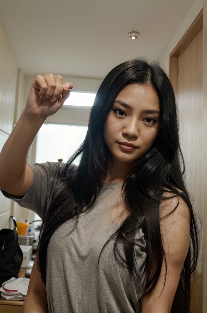 A photo of a Filipina woman with long black hair doing the number five hand gesture with her right hand. Her face is facing forward and she has no makeup on her face.