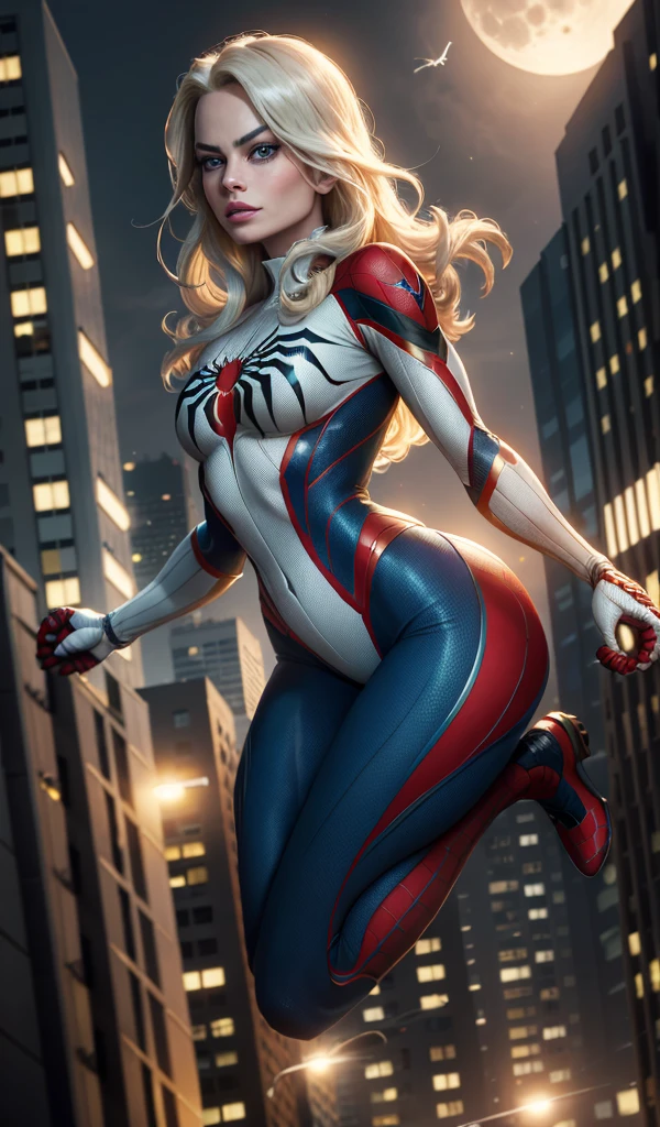 Margot Robbie (Masterpiece, 4k resolution, ultra-realistic, very detailed), (White superhero theme, charismatic, there's a girl at the top of town, wearing Spider-Man costume, she's a superhero), [ (25 years), (long white hair:1.2), full body, (blue eyes:1.2), ((Spider-Man pose),show of strength, jumping from one building to another), ((sandy urban environment):0.8)| (cityscape, at night, dynamic lights), (full moon))] # Explanation: The Prompt mainly describes a 4K painting of ultra-high definition, very realistic, very detailed. It shows a superheroine at the top of the city, wearing a Spider-Man costume. The theme in the painting is a white superhero theme, the female protagonist has long white hair, is 25 years old and her entire body is shown in the painting. In terms of portraying the actions of superheroines, spiders are employed naked girl