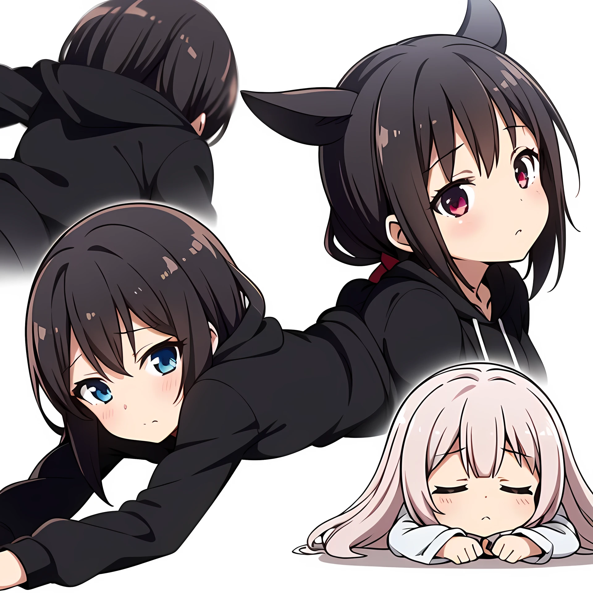 best quality, 4K, 8K, 1 girl, solo, Twin tails, chibi, (simple background, white background:1.4), whole body, full body, Prone, Crawling, Lying down, (hoodie, oversized clothes:1.4)