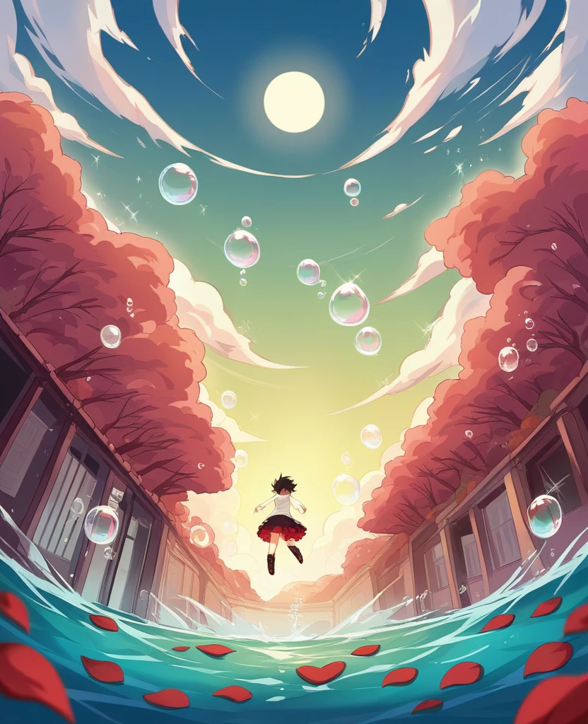 woman\(Ruby Rose/),Looking up at the sky, (Many red rose petals are falling), (Transparent bubbles, like those in water, sparkle here and there in the sky.), Beautiful sky, Beautiful Clouds, There is a puddle on the ground、The scenery is beautifully reflected, Looking up at the wide sky from a narrow back alley in a cluttered downtown area, Colorful summer flowers are blooming everywhere., I see the wind blowing and shining, There is a noon moon and a noon star in the sky,From below, break ,quality\(8K,非常に精細なCGユニットのwallpaper, masterpiece,High resolution,top-quality,top-quality real texture skin,Surreal,Increase the resolution,RAW Photos,最高quality,Very detailed,wallpaper,Cinema Lighting,Ray-tracing,Golden Ratio\),Take the long view
