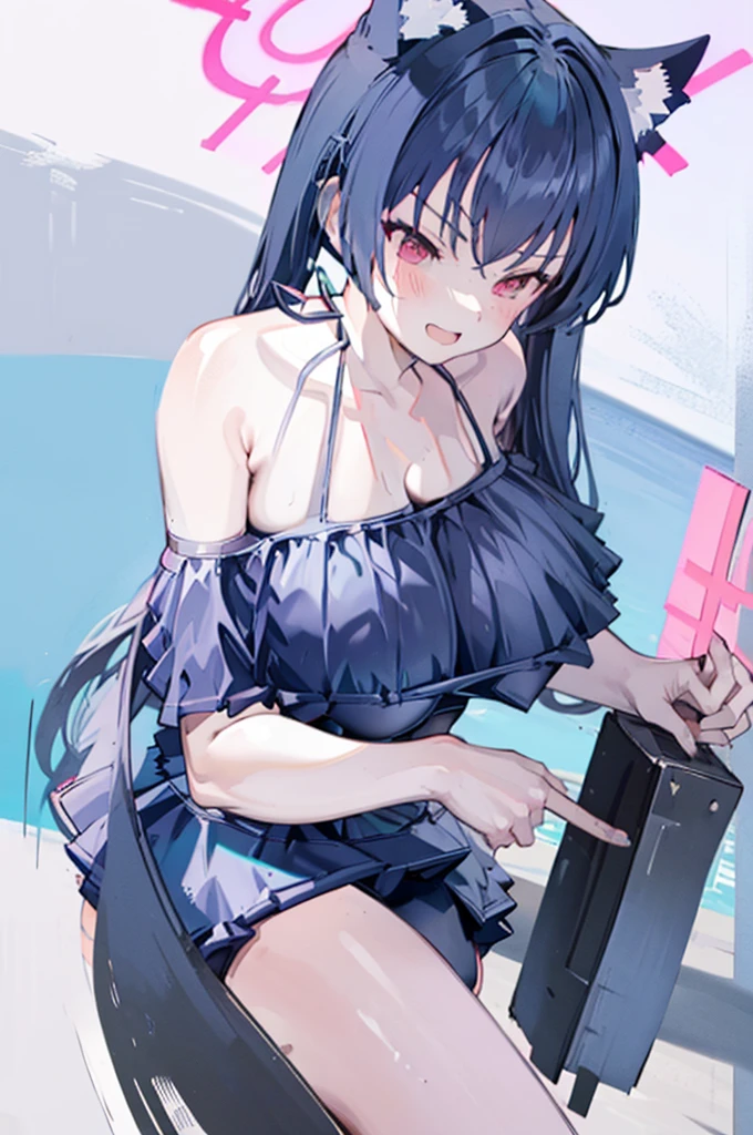 throw ,,((((huge breasts)))), ,dressed, swimsuit , seductive anime girl, (((((swimsuit ))))) , ,, with an evil smile, stick out tongue,(((()))), crowd,