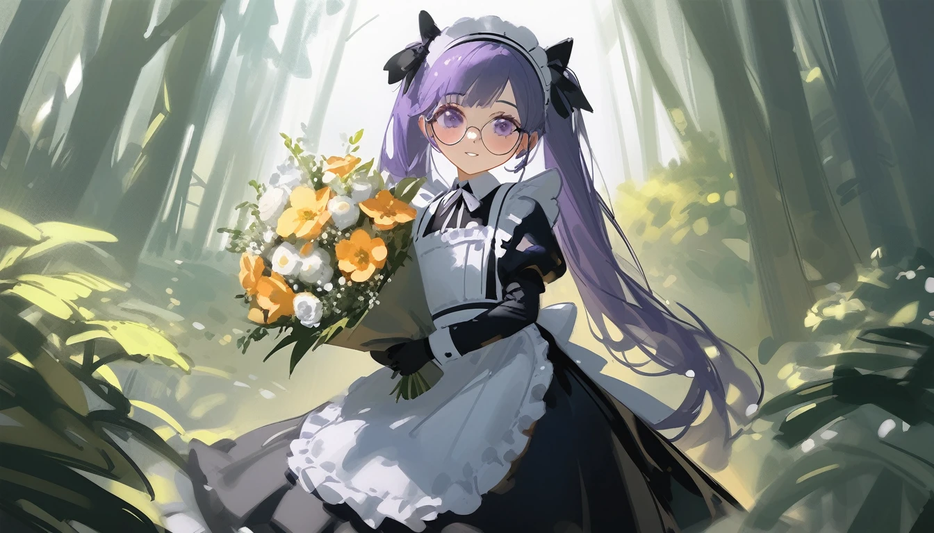 Ciloranko,  wlop, 1girl,  独奏,  flower,  bouquet,  purple eyes,  maid headdress,  looking at viewer,  maid,  apron,  full body, long hair, twintails,  holding,  white background,  long sleeves,  holding bouquet,  dress,  bow,  juliet sleeves,  puffy sleeves,  blush,  Spring Flowering Forest, parted lips,  frills,  ribbon,  two side up,  hair bow,  maid apron one girl, super high quality, Super Detail, Super Detailed image, long hair, looking at viewer, skirt, shirt, hair ornament, violet eyes,black gloves, round glasses, long sleeves,violet hair, round glasses, Flat Chest, smile