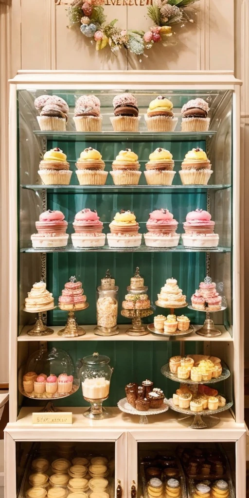masterpiece, highly detailed, (chibi:1.3), , (1girl), blonde hair, pastel colors, cozy atmosphere, dessert display case, macarons, cupcakes, tarts, cakes, coffee machine, chalkboard menu, natural lighting, glass jars filled with candy, frosted window panes, decorative plates, whimsical decor, sugar sculptures,   