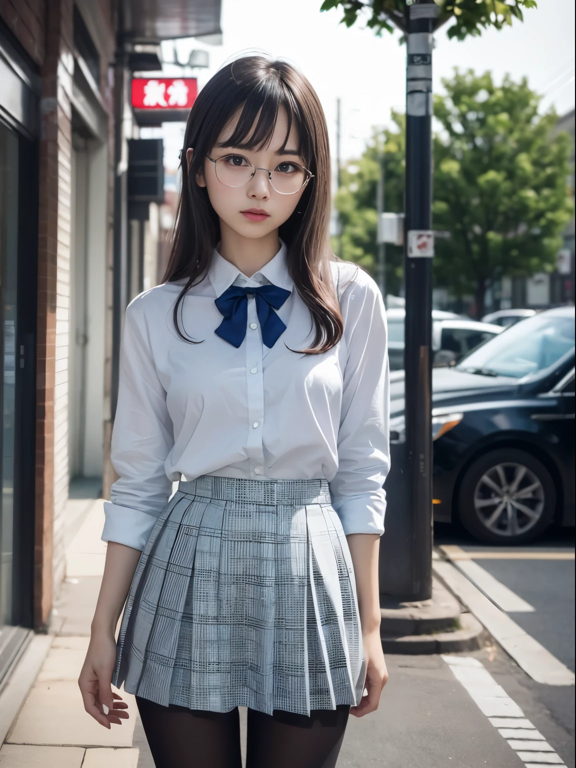 (8K、生photograph、Highest quality、masterpiece:1.2),(Small breasts)、(Small breasts)、(Small breasts)、Looking straight ahead、pupil,Light blue bra,De Pere Blanca,Kune,(Black Pantyhose),Disorganized,Small face,Flat Chest,Parting the bangs from the middle,The forehead is visible,(Cold look<Business,Glare,strong,Are thin,Sobbing,irascible)、masterpiece,Highest quality,Ultra-high resolution,生photograph,even,Beautiful poop,One person, solo,Glasses,,Dark look、丸Glasses、cute、JK、high school girl、Japanese women、Are standing、(PhotoReactive:1.37)、Photon Mapping、Light blue ribbon、Real、cute小さな顔、Brown eyes、Black socks、(Red bow tie)、Radio City、Physically Based Rendering、prospect、Depth of written boundary、Blurred Background、photograph、girl、body、Beautiful feet、Long legs、Thin legs、(I can see the bangs)、hair、lips、Blue_The目、Soft nose、(Light blue shirt)、Navy and blue checkered pleated skirt、I can see your knees、See-through clothing、Thighs、Black cotton socks、Nogizaka Idol、、Japanese Ido
