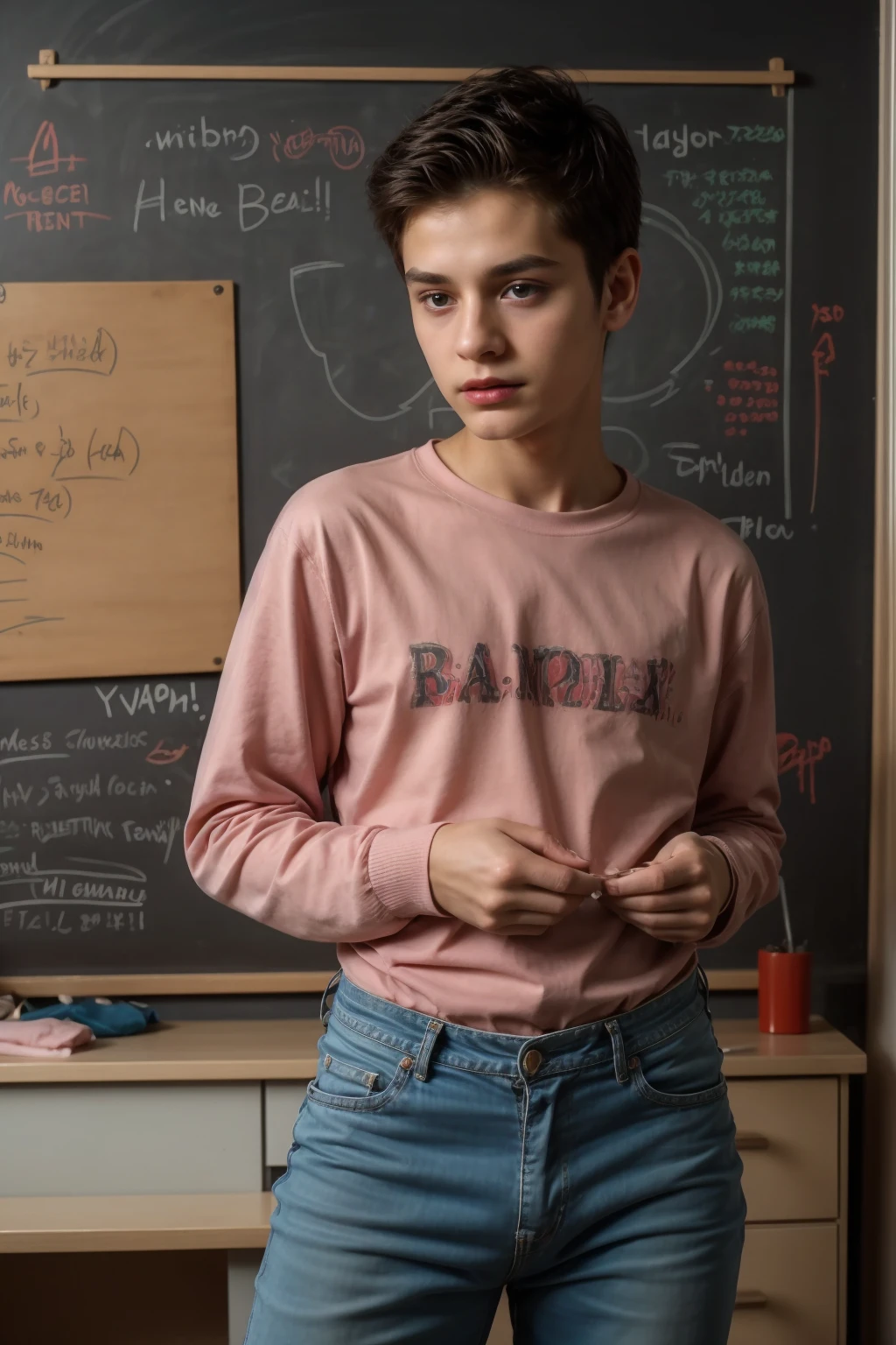 A young, cute, beautiful male twink with a face with makeup and red lips. He has black hair. He is wearing a long-sleeved, pink shirt and aqua blue jeans. He is in his office, and behind him is a blackboard with chemical reactions and blood cells written on it. He looks in amazement and shock, and his eyes have dark circles underneath them.