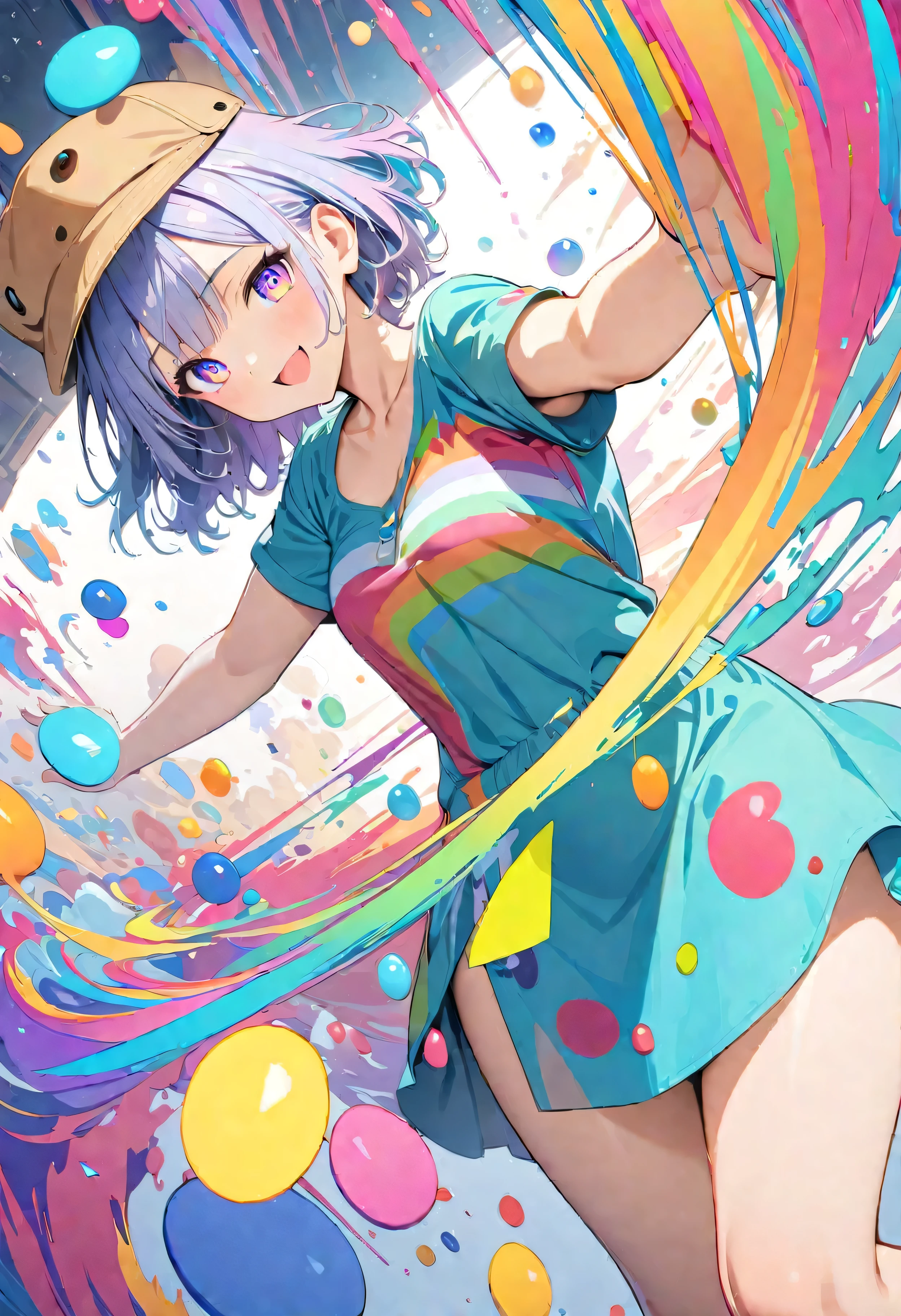 (masterpiece, Highest quality, Official Art:1.2), (colorful), Perfect Anatomy, Looking at the audience, One Girl, alone, White Background, floating colorful water, Ultra-fine illustrations, highly detailed, Dynamic Angle, beautiful detailed, 8K, break smiling amidst the colorful scenes, (Highest quality, masterpiece, High resolution, detailed), Anime Style, (Shining Eyes, detailed美しい顔), break,Dynamic Angle, Whole body shot, pastel colour