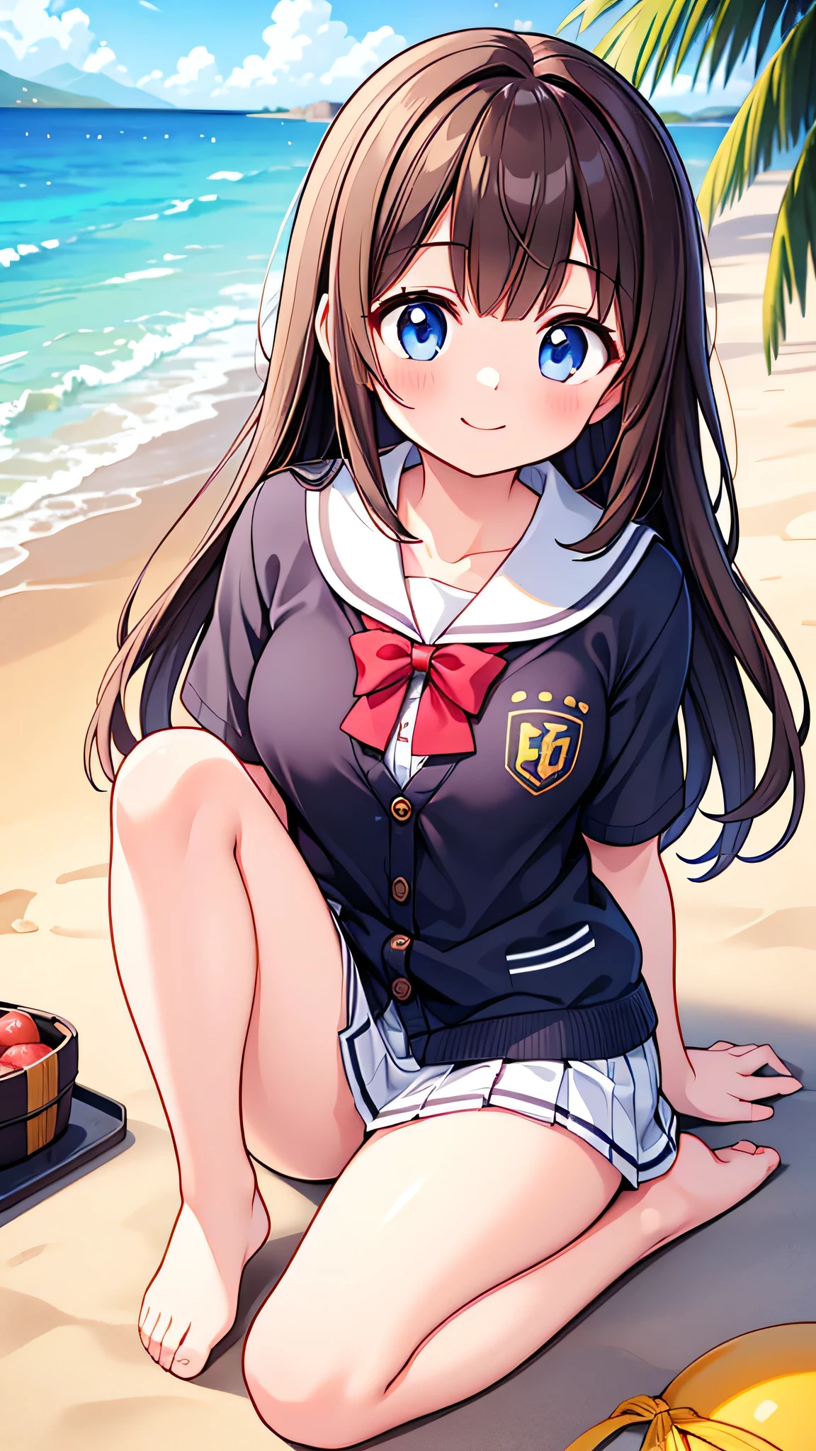 {Highest quality], [Super beautiful], [Ultra fine], [Best illustration], NSFW,Brown Hair, Hime cut,Bangs,Long Hair,girl,,uniform,knit cardigan,Short sleeve,skirt,smile, blush, Slender women,At the Beach,Summer festival,diagonal, barefoot,Strike a Pose