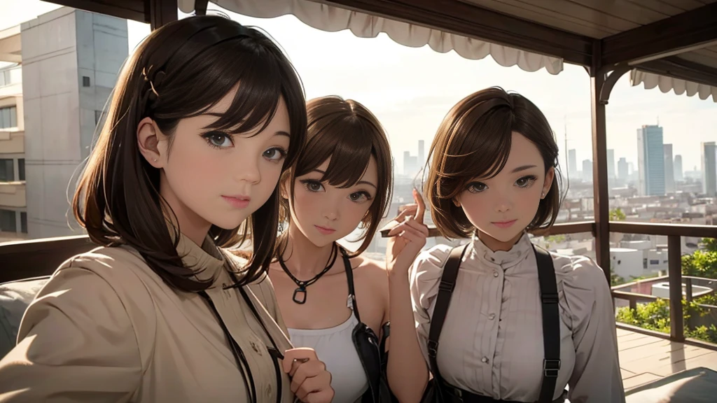 Overlooking the city from a hill、Residential Street、Cloudy、Time is night、Summer attire(Highest quality:1.2), Super detailed, High resolution, Tabletop:1,2, Vibrant colors, Bokeh, Professional Lighting, Physically Based Rendering, Flat Color:0.8, Fine Illustration, Realistic:1.37, Shinkai Makoto style, Your name style, Light brown hair, Elegant update, Short Bob, Bun hairstyle such as chignon。、long hair,Hang a single-lens camera around your neck、 Laugh together, Dynamic pose, Selfie, Upper body full sister、