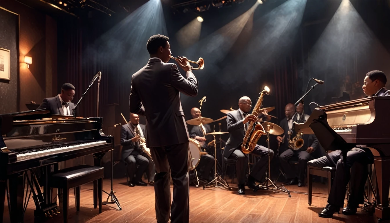 Intimate jazz club atmosphere, Dark and Smoky, A saxophonist gives the best performance of his life, Very intricate detail, Award-winning art, Ray Tracing, Sharp focus, 8K, High resolution, masterpiece, Professional, Very detailed, Perfect hands