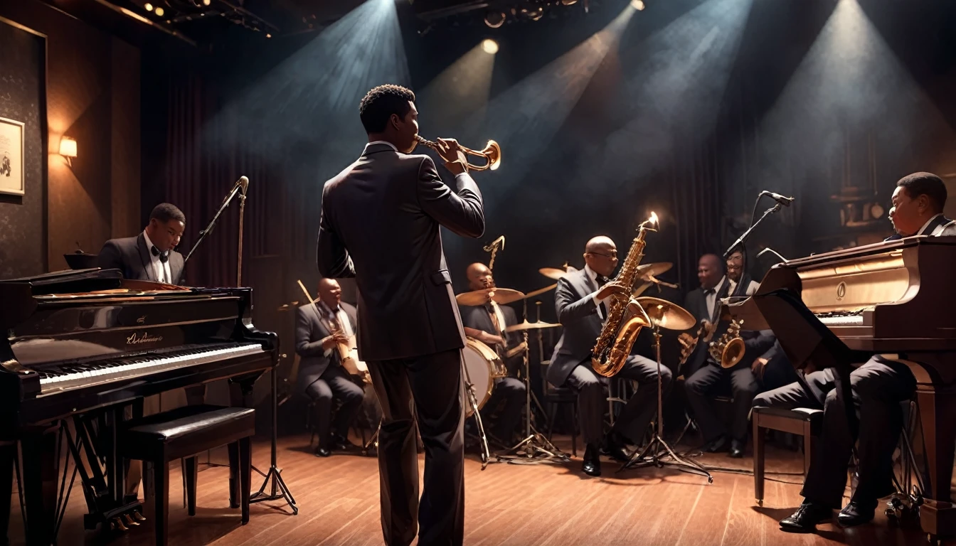 Intimate jazz club atmosphere, Dark and Smoky, A saxophonist gives the best performance of his life, Very intricate detail, Award-winning art, Ray Tracing, Sharp focus, 8K, High resolution, masterpiece, Professional, Very detailed, Perfect hands