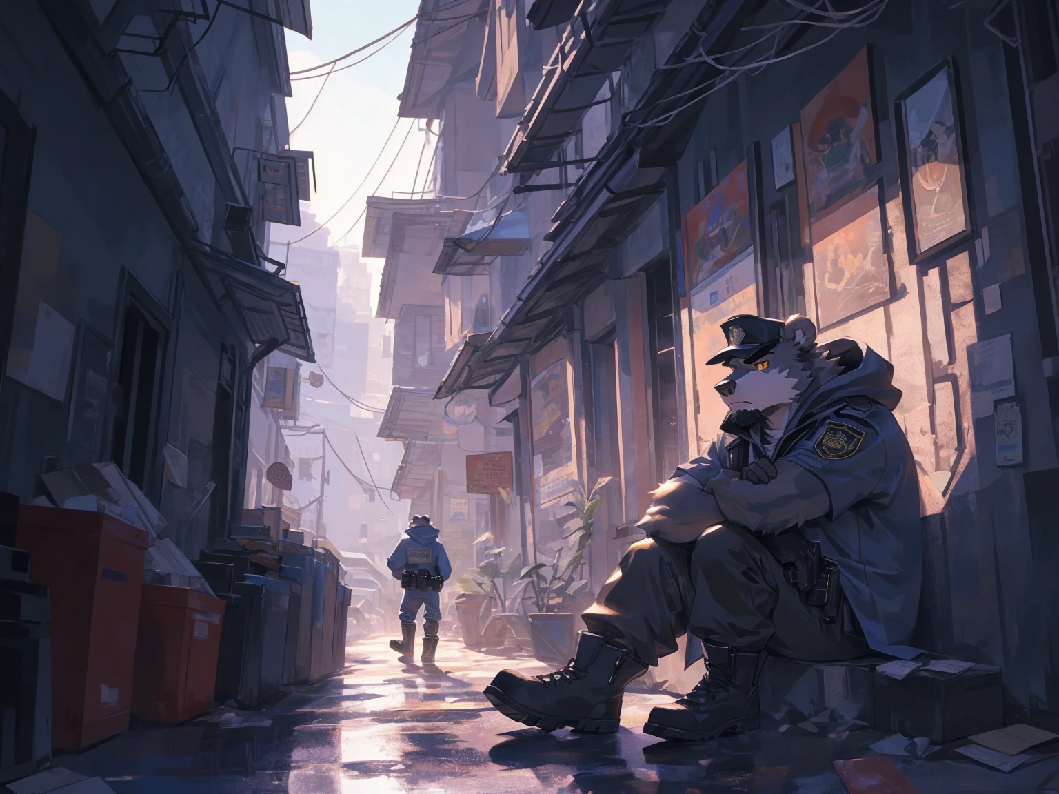 (masterpiece:1.2), best quality,pixiv,official art,perfect anatomy, (Ray tracing, light),solo, (1_male:1.3) , (muscle), (grey fur:1.4), (muscle bear), (beard:1.2), (gleaming golden eyes), bear tail, Thick black eyebrows, (open hooded parka) , (naked inside:1.2), cargo pants, (boots:1.2), (in the highfloor apartment: 1.3), iElusive Drug Lord, Chapo Guzman, Clad in Hoodie and Marlboro Hat, Wielding an Assault Rifle, Sitting atop a Saddle-Mounted Horse, Anime-inspired Render, Realistic Detailing, Expressive Eyes, Rough Textures, Shadowy Composition, Subdued Color Palette, (Outdoor Setting: 1.0), Smoke Curling from Weapon Barrel, (Dark Background: 0.9), Dramatic Lighting, (Chronically Wanted Criminal: 1.4), (Gritty and Intense: 1.1), (Determined)