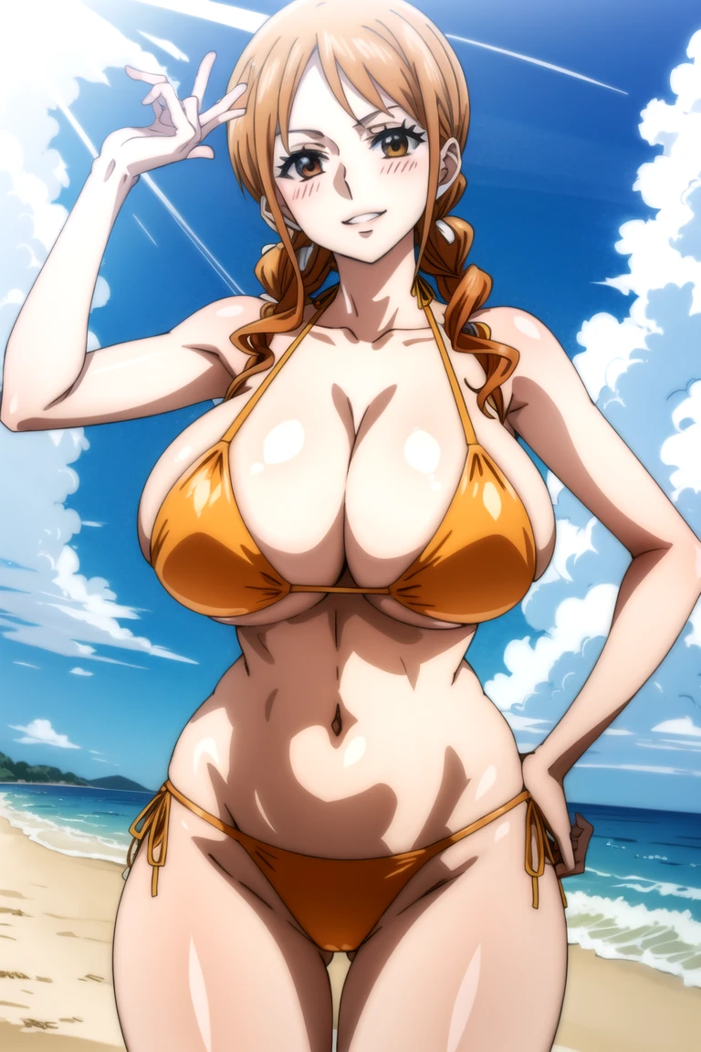 portrait,(((realistic anime nami facial features facial harmony realistic anime nami hairstyle))), close-up, looking at viewer, (parted lips:1.2), (sunlight, bright, sunshine:1.2),((nami)), 1 girl,((nami milf physique), long hair, Orange hair, eyes, breasts, large breasts, eyes, smile, from top,huge breast huge pelvis thick thighs,((Blush)),((wearing tight bikini)),(posing her body at beach)