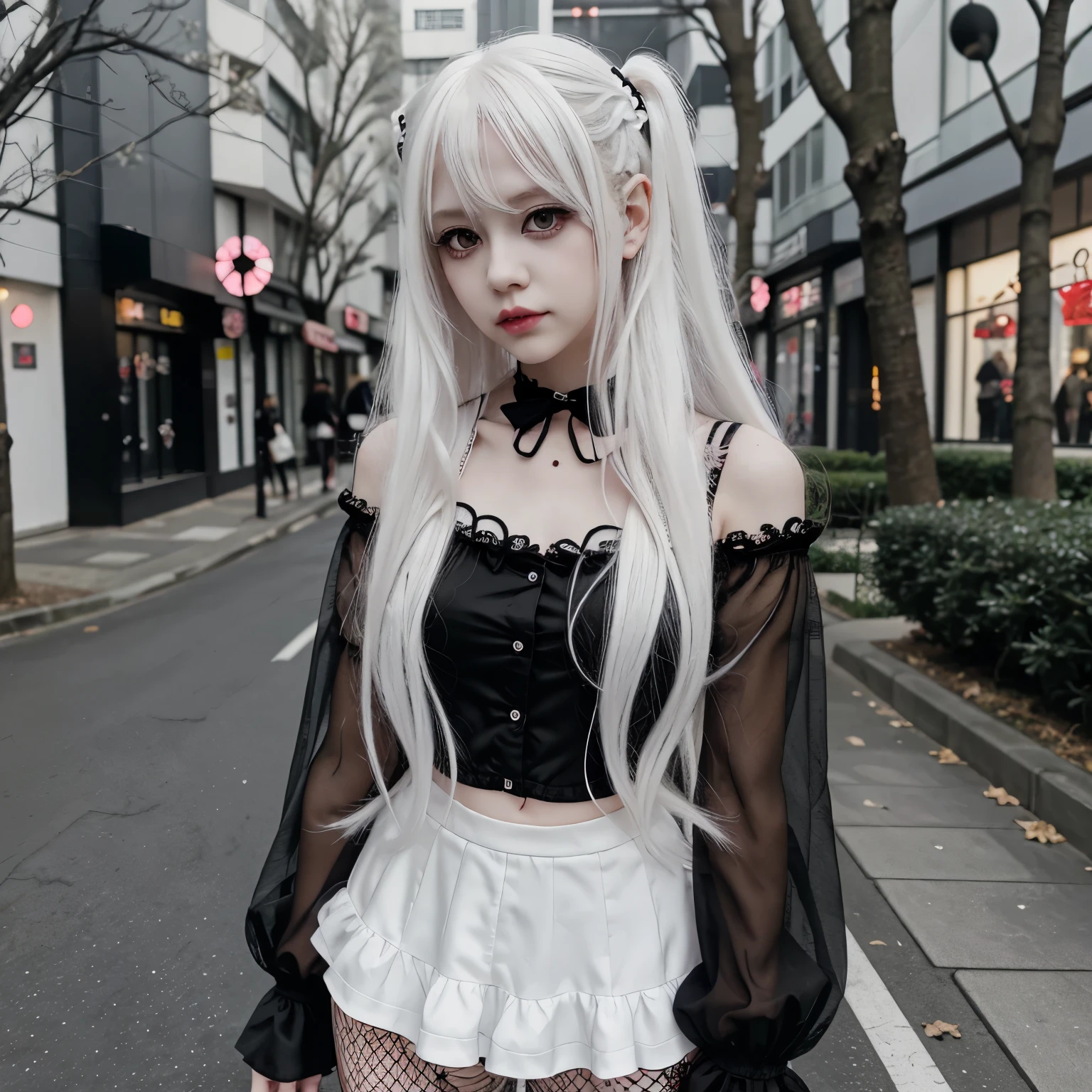 Shoujo manga style,1girl,ultra cute, Harajuku Style grunge fashion with kawaii and Lolita themes, albino demon girl,(pure white long hair),(black sclera;1.2),luxury mesh fishnet blouse,dal-1,ct-niji2,black hands