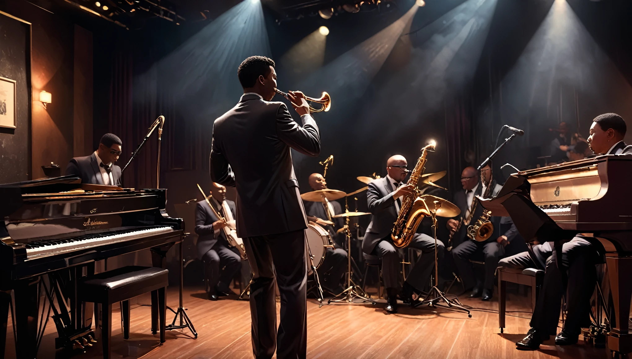 Intimate jazz club atmosphere, Dark and Smoky, A saxophonist gives the best performance of his life, Very intricate detail, Award-winning art, Ray Tracing, Sharp focus, 8K, High resolution, masterpiece, Professional, Very detailed, Perfect hands