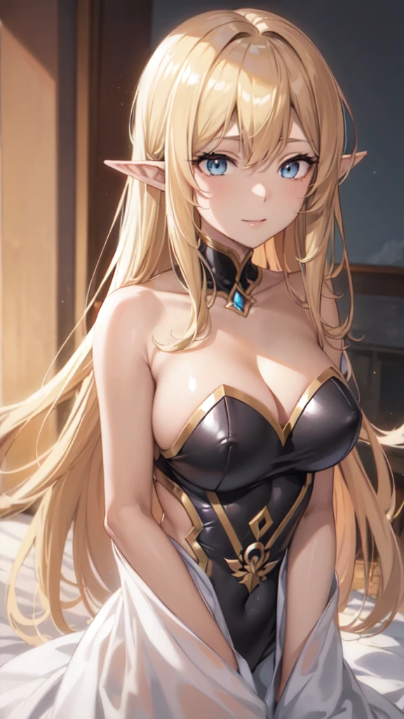 (Upper Body:1.3),(masterpiece:1.4),Medium Shot,anime,masterpiece,gravure, 8K,Realistic, Beautiful woman,An elegant and mature elven woman, Elf Ears,blue eyes, Place your arms behind your head,(美的animeの目:1.4),Large Breasts,blonde, Black bodysuit, smile,Beautiful breasts,(8K resolution:1.4), High quality CG, Beautiful CG, Soft Light,View your audience,(24-years-old),