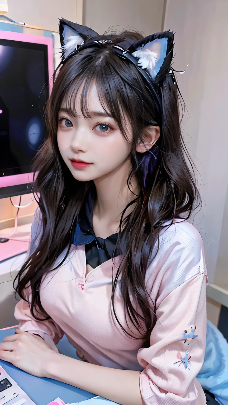 /imagine a beautiful anime girl live streaming from her room, with long black hair, big blue eyes, wearing a pink hoodie and a cute headset with cat ears, sitting in front of a modern computer setup with colorful LED lights, surrounded by plushies and posters on the wall, smiling and engaging with her audience, bright and cheerful atmosphere