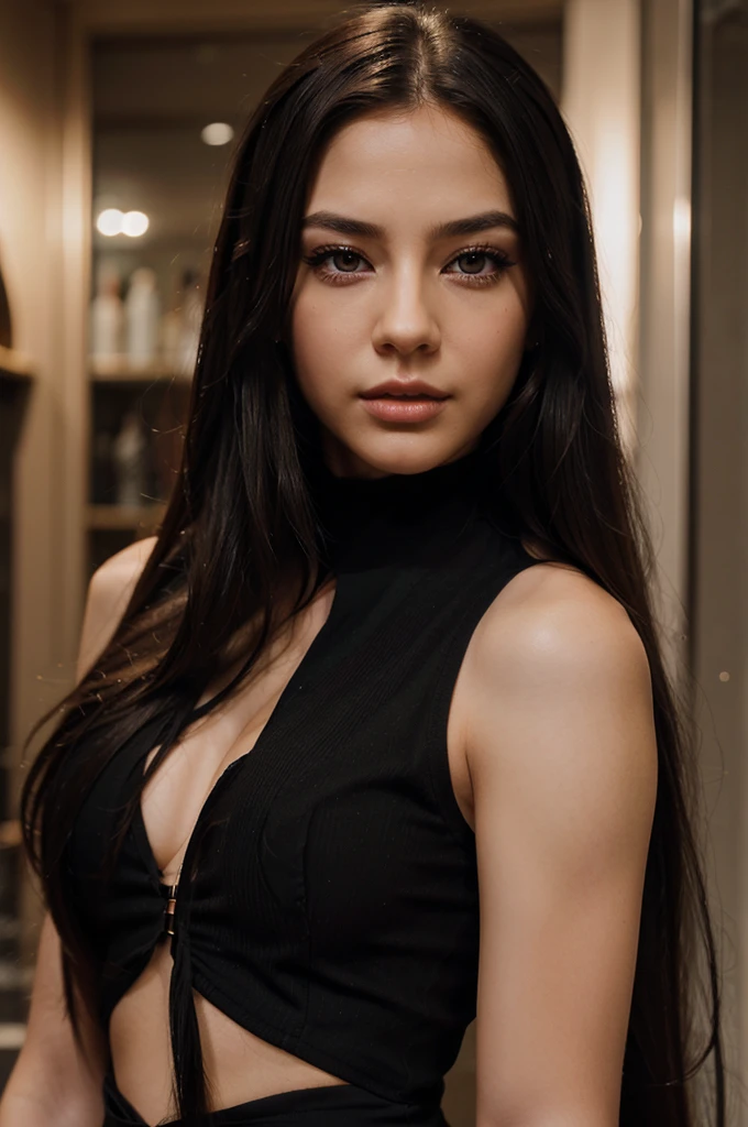 Create a visually stunning AI model with realistic black eyes and long, flowing hair exuding beauty and elegance."