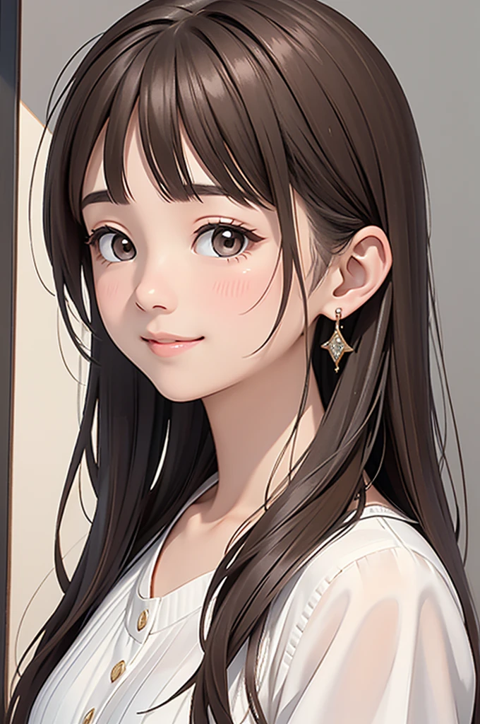 an unparalleled masterpiece、Ultra-realistic 8k CG、perfect artwork、wallpaper、1 Girl Girl Beautiful Girl、alone、beautiful face、
hair ornaments、looking at the viewer、Put a smile on your face、closed your mouth、hair ornaments、headless、jewelry、earrings、Brown hair long hair、