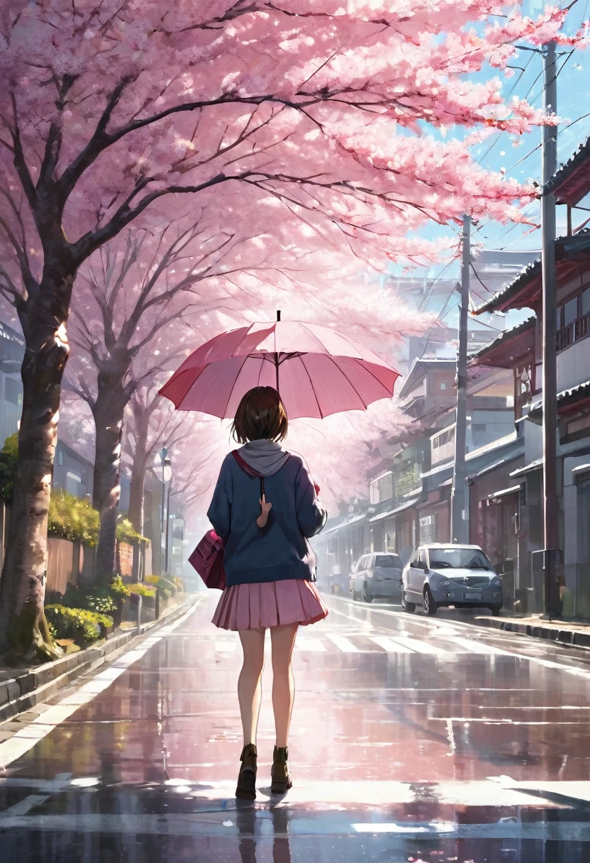 masterpiece, best quality, Extremely detailed, illustration, Wide Angle, 1 girl holding an umbrella, Solitary, Walking in the middle of the road, Pink cherry blossom trees on the roadside, whole body, sweater, Short skirt, Fashion, work, balance, rhythm, color, Light, shadow, reflection, refraction, Tone, Compared, prospect, Middle ground, background, naturalistic, simile, representational.