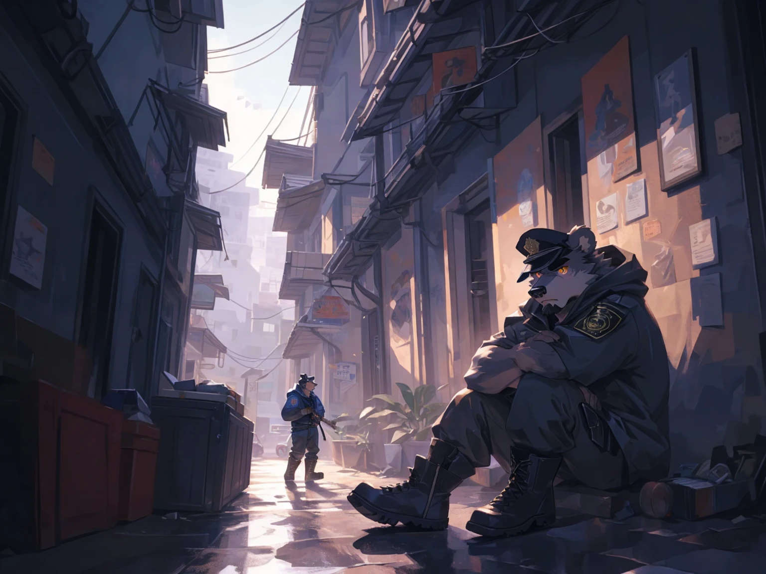 (masterpiece:1.2), best quality,pixiv,official art,perfect anatomy, (Ray tracing, light),solo, (1_male:1.3) , (muscle), (grey fur:1.4), (muscle bear), (beard:1.2), (gleaming golden eyes), bear tail, Thick black eyebrows, (open hooded parka) , (naked inside:1.2), cargo pants, (boots:1.2), (in the highfloor apartment: 1.3), iElusive Drug Lord, Chapo Guzman, Clad in Hoodie and Marlboro Hat, Wielding an Assault Rifle, Sitting atop a Saddle-Mounted Horse, Anime-inspired Render, Realistic Detailing, Expressive Eyes, Rough Textures, Shadowy Composition, Subdued Color Palette, (Outdoor Setting: 1.0), Smoke Curling from Weapon Barrel, (Dark Background: 0.9), Dramatic Lighting, (Chronically Wanted Criminal: 1.4), (Gritty and Intense: 1.1), (Determined)