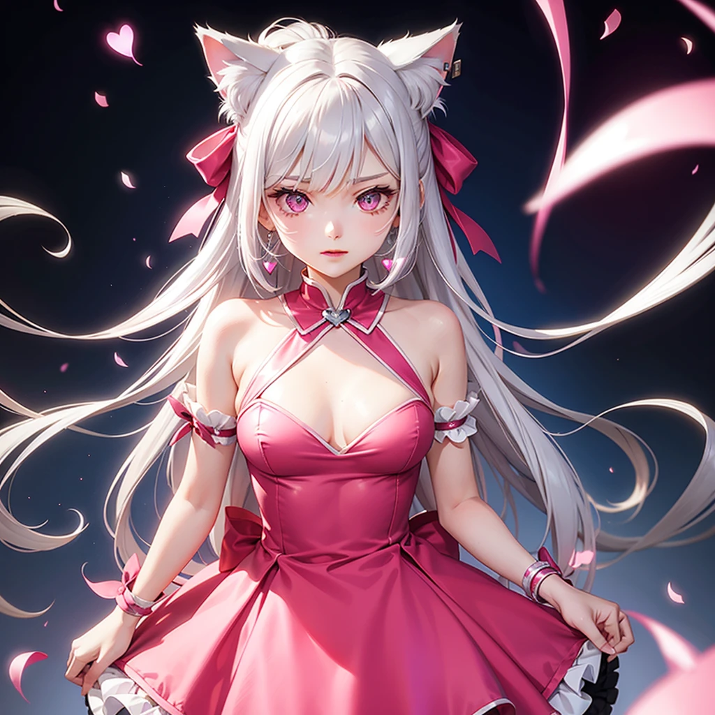 Silver hair, pink eyes, body, cat ears, girl, earrings, heart background fantasy, hot pink dress uniform, hair bows