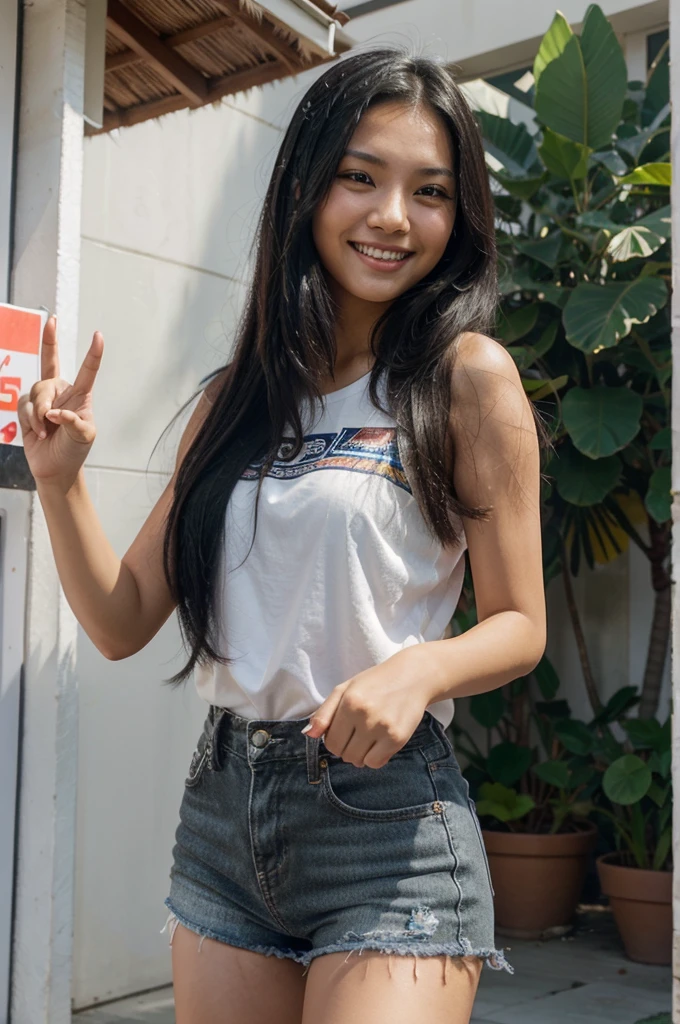 A young Filipino woman with long black hair is doing the "5" hand sign with her right hand, she is facing forward and smiling at the camera. Her hand is showing five fingers with her right palm slightly raised to perfectly show each finger.