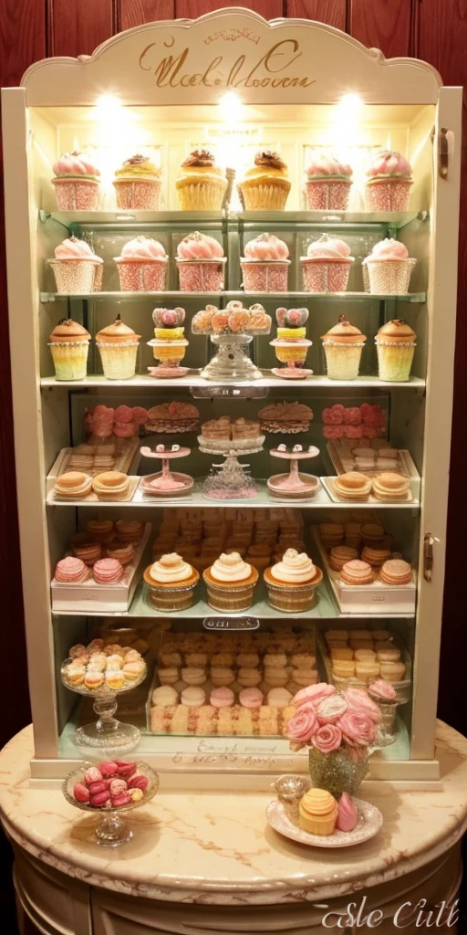 masterpiece, highly detailed, (chibi:1.3), , (1girl), blonde hair, pastel colors, cozy atmosphere, dessert display case, macarons, cupcakes, tarts, cakes, coffee machine, chalkboard menu, natural lighting, glass jars filled with candy, frosted window panes, decorative plates, whimsical decor, sugar sculptures,   