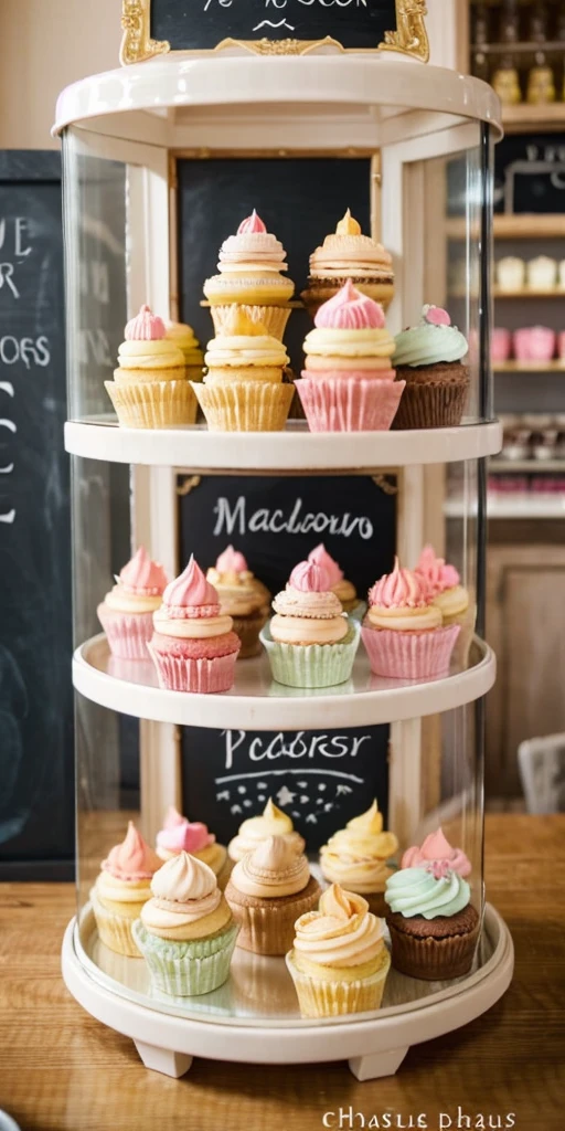 masterpiece, highly detailed, (chibi:1.3), , (1girl), blonde hair, pastel colors, cozy atmosphere, dessert display case, macarons, cupcakes, tarts, cakes, coffee machine, chalkboard menu, natural lighting, glass jars filled with candy, frosted window panes, decorative plates, whimsical decor, sugar sculptures,   