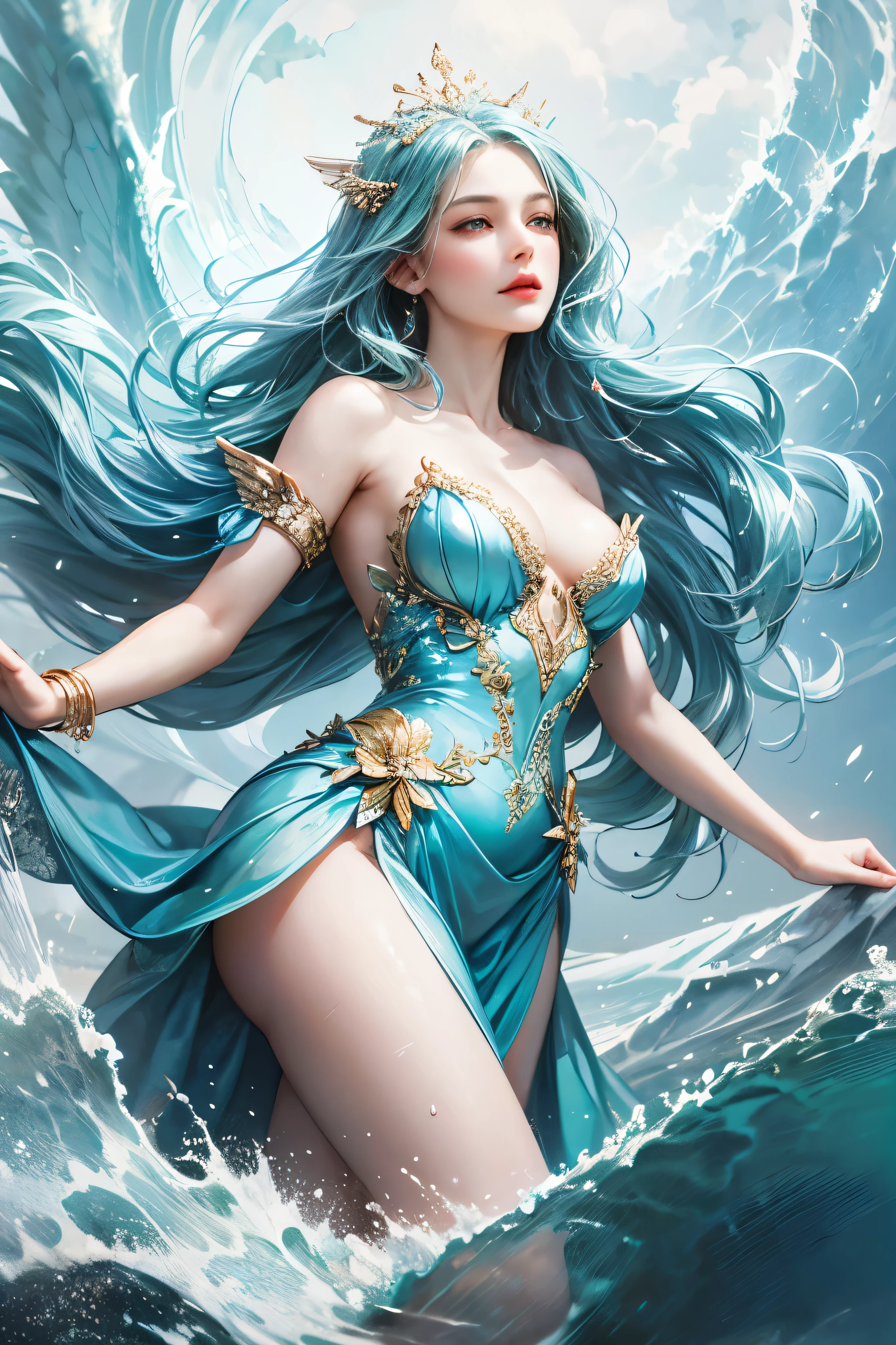 "Create a realistic and enchanting digital illustration of a beautiful female fairy with large, ethereal wings that glisten like flowing water. She should be elegantly dressed in a decent gown that reflects the colors and textures of the ocean. Surround her with dynamic waves and gentle ripples that showcase her control over the element of water. Integrate a distinctive water fairy symbol on her body, signifying her role as the keeper of water and waves, and highlighting the profound aquatic power she possesses within."