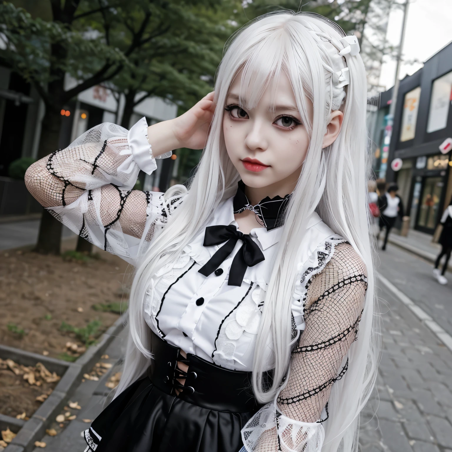Shoujo manga style,1girl,ultra cute, Harajuku Style grunge fashion with kawaii and Lolita themes, albino demon girl,(pure white long hair),(black sclera;1.2),luxury mesh fishnet blouse,dal-1,ct-niji2,black hands