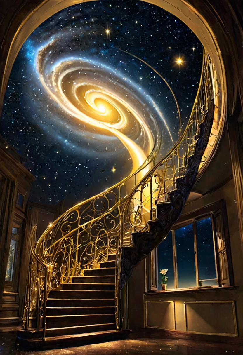 A bright soul memory, a golden glow, the universe, bright fine grains of light, Saturn, a perfect spiral staircase, a shooting star, the golden ratio