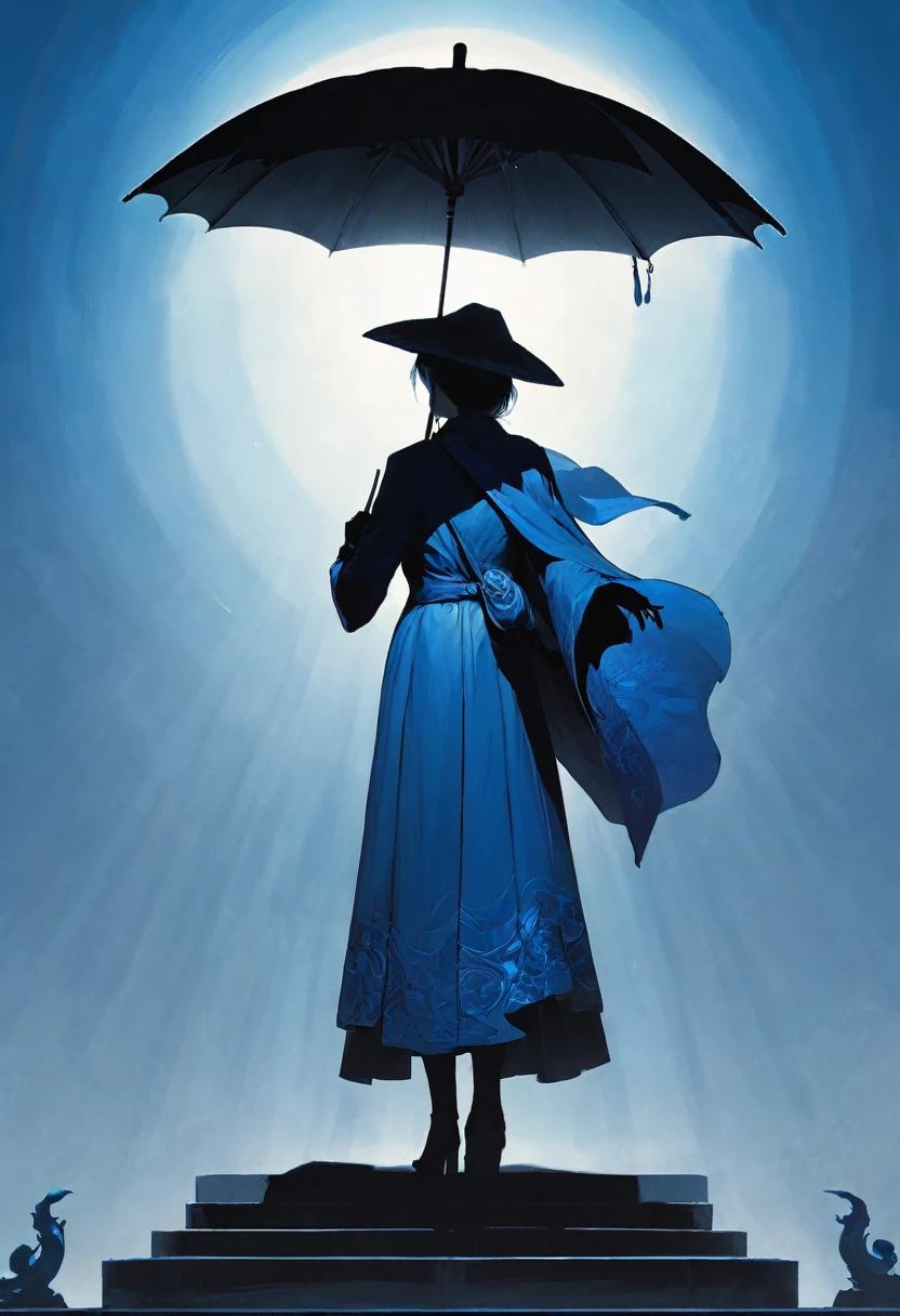 Create a super detailed, best quality, High-resolution masterpiece depicting a shadow element，There is a non-human figure，Holding an umbrella, Radiating blue energy，Perfect shadow, High quality shadows, Reality,