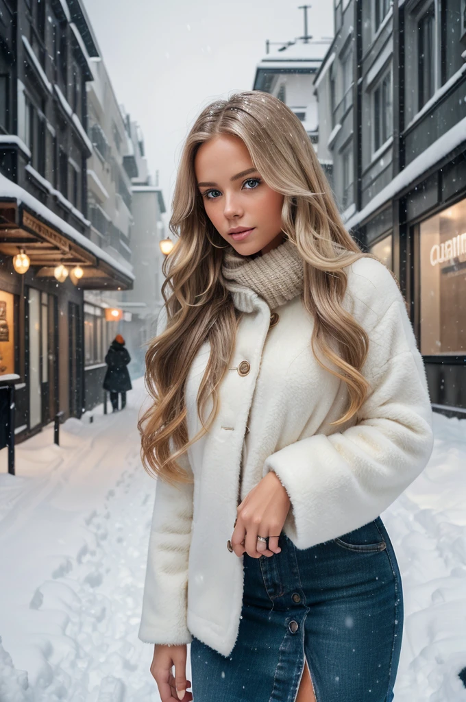 professional portrait photograph of a gorgeous Norwegian girl in winter clothing with long wavy blonde hair, sultry flirty look, gorgeous symmetrical face, cute natural makeup, wearing elegant warm winter fashion clothing, ((standing outside in snowy city street)), stunning modern urban environment, ultra realistic, concept art, elegant, highly detailed, intricate, sharp focus, depth of field, f/1. 8, 85mm, medium shot, mid shot, (((professionally color graded))), bright soft diffused light, (volumetric fog), trending on instagram, hdr 4k, 8k