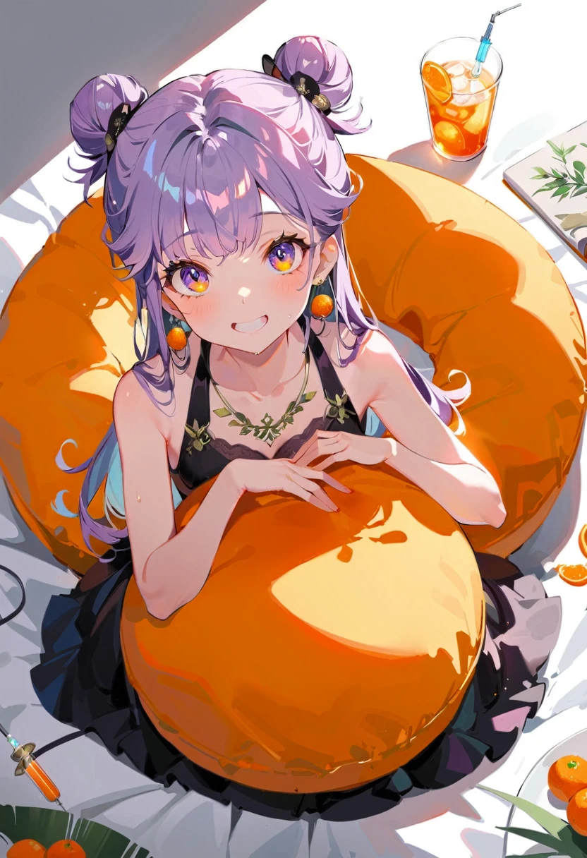 Purple hair girl painting、Glass mandarin orange earrings decorate both ears、Eye color: Ocean pink purple、Space Eyes、Poolside、(((Giant orange shaped cushion)))、((Hugging on a cushion))、Sit down, long hair、Bun Hair、Cool and complicated, Hand holding sliced orange, A very happy expression with plenty of orange juice、((The syringe contains orange juice))、Very embarrassed、The best smile、Open your mouth wide、Grin、目はclose、((Purple and black dress))、((Syringe Shoulder Bag)), Fun and lively characters, close( Perfect Anatomy )、Beautiful, translucent white skin、A purple dress slightly damp with sweat、Underwear is visible、quality\(8K,非常に精細なCGユニットのwallpaper, masterpiece,High resolution,top-quality,top-quality real texture skin,Super two-dimensional,Increase the resolution,RAW Photos,最高quality,Very detailed,wallpaper,Ray-tracing,Golden Ratio\),[Browsing Caution]、White and orange theme、Everything is orange except for the outfit, hairstyle, and eye color.、barefoot