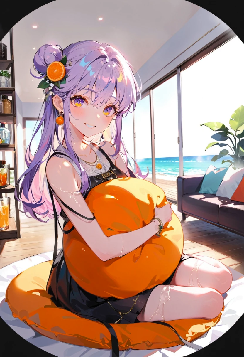 Purple hair girl painting、Glass mandarin orange earrings decorate both ears、Eye color: Ocean pink purple、Space Eyes、Poolside、(((Giant orange shaped cushion)))、((Hugging on a cushion))、Sit down, long hair、Bun Hair、Cool and complicated, Hand holding sliced orange, A very happy expression with plenty of orange juice、((The syringe contains orange juice))、Very embarrassed、The best smile、Open your mouth wide、Grin、目はclose、((Purple and black dress))、((Syringe Shoulder Bag)), Fun and lively characters, close( Perfect Anatomy )、Beautiful, translucent white skin、A purple dress slightly damp with sweat、Underwear is visible、quality\(8K,非常に精細なCGユニットのwallpaper, masterpiece,High resolution,top-quality,top-quality real texture skin,Super two-dimensional,Increase the resolution,RAW Photos,最高quality,Very detailed,wallpaper,Ray-tracing,Golden Ratio\),[Browsing Caution]、White and orange theme、Everything is orange except for the outfit, hairstyle, and eye color.、barefoot