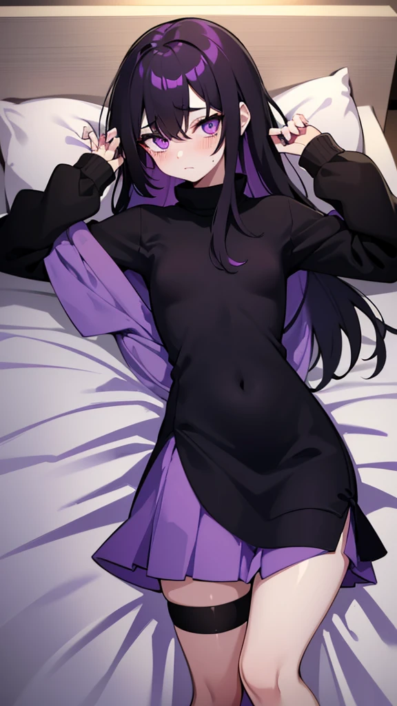 Teenage girl ((slim))((small stature)) ((White skin)) ((purple eyes)) ((black hair, long, emo on one eye)) ((Shy and blushing)) ((the plan)) ((small breasts)) ((small hips)) ((lying in bed with long, loose sweatshirt)) ((long skirt))