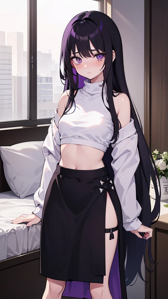  ((slim))((small stature)) ((White skin)) ((purple eyes)) ((black hair, long, emo on one eye)) ((Shy and blushing)) ((the plan)) ((small breasts)) ((small hips)) ((lying in bed with long, loose sweatshirt)) ((long skirt))