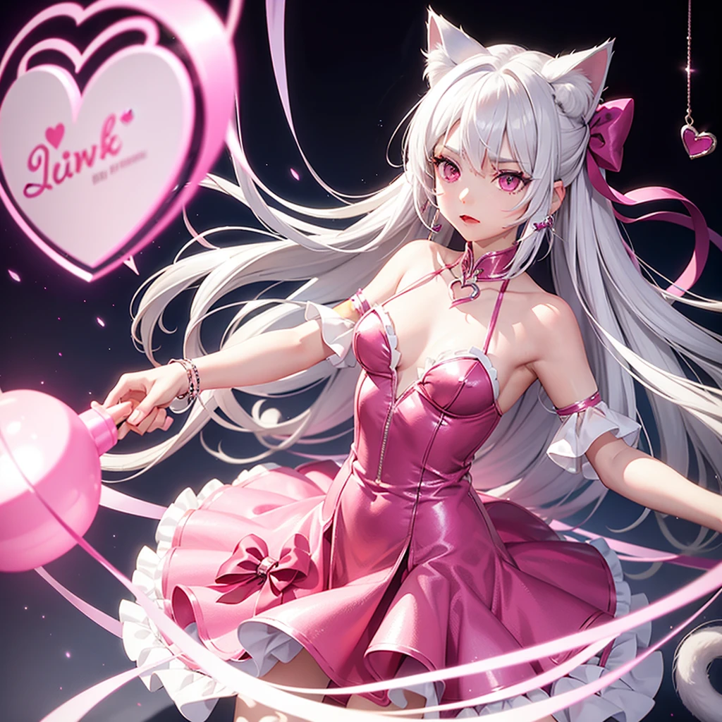 Silver hair, pink eyes, body, cat ears, sexy girl, earrings, heart background fantasy, hot pink dress uniform, hair bows
