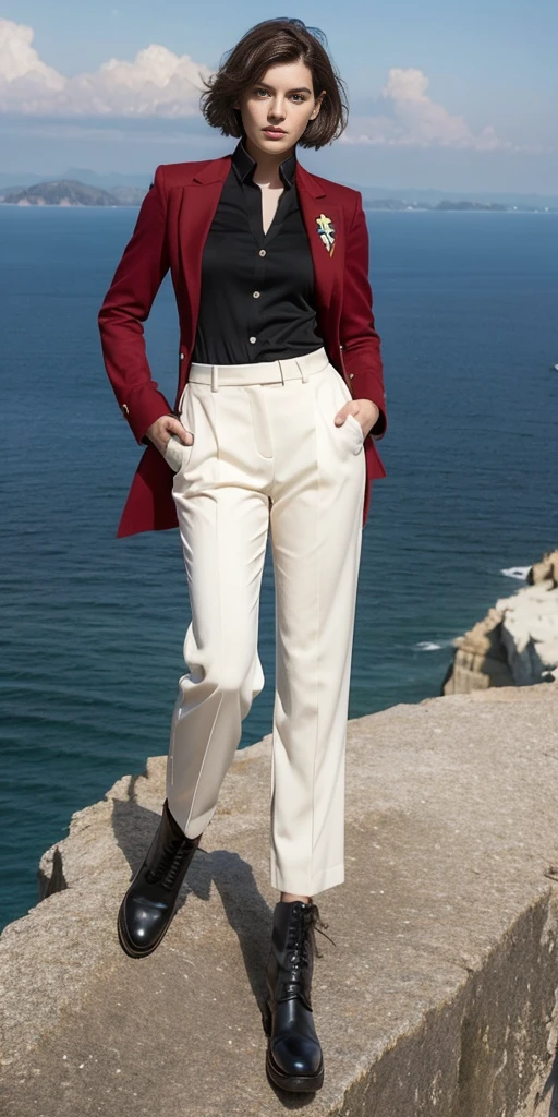(Highest resolution, distinct_image) Excellent, masterpiece, high detail, semi-realistic, Dishonored 2, a very beautiful woman, solo, normal handsome stance, short red hair, golden eyes, indifferent expression, 18 years old, young, tall and strong , white and red military uniform, trousers, military pants, military boots, military uniform, military school, confident, serious, high-cold and proud, standing on a cliff, overlooking