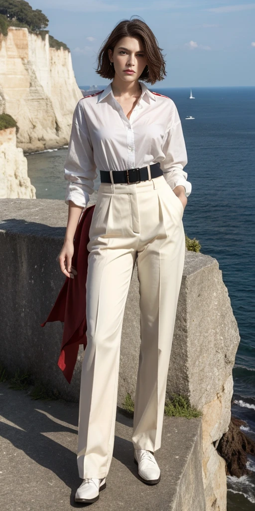 (Highest resolution, distinct_image) Excellent, masterpiece, high detail, semi-realistic, Dishonored 2, a very beautiful woman, solo, normal handsome stance, short red hair, golden eyes, indifferent expression, 18 years old, young, tall and strong , white and red military uniform, trousers, military pants, military boots, military uniform, military school, confident, serious, high-cold and proud, standing on a cliff, overlooking