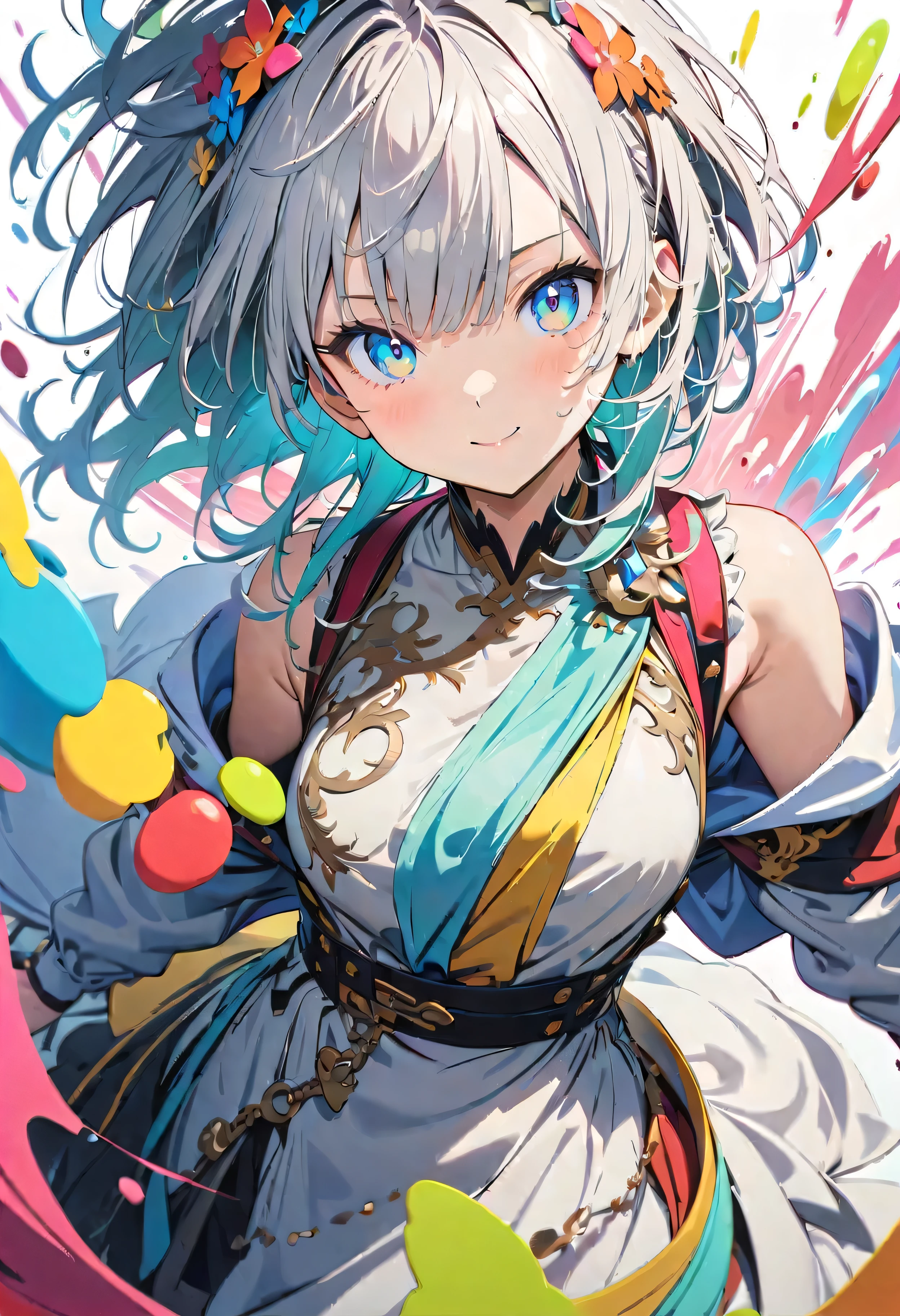 (masterpiece, Highest quality, Official Art:1.2), (colorful), Perfect Anatomy, Looking at the audience, One Girl, alone, White Background, floating colorful water, Ultra-fine illustrations, highly detailed, Dynamic Angle, beautiful detailed, 8K, break smiling amidst the colorful scenes, (Highest quality, masterpiece, High resolution, detailed), Anime Style, (Shining Eyes, detailed美しい顔), break,Dynamic Angle, Whole body shot, pastel colour, pale colour, Vector illustration
